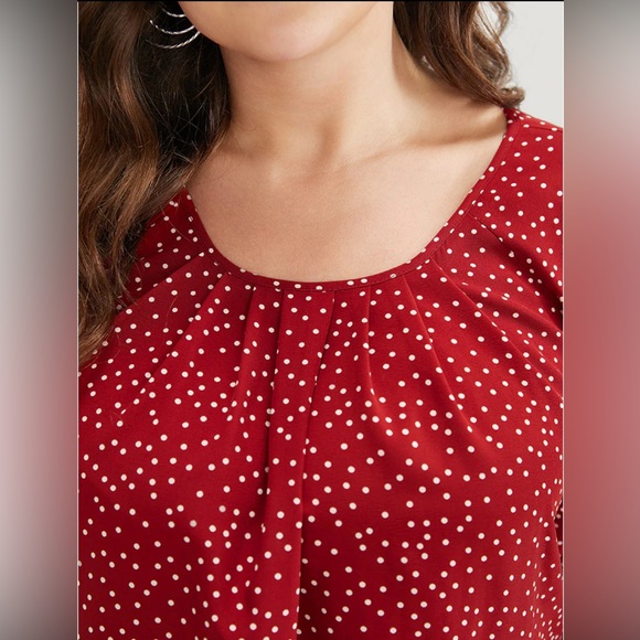 NWT- Bloomchic Polka Dot Pleated Round Neck Puff Sleeve Blouse - Picture 7 of 11